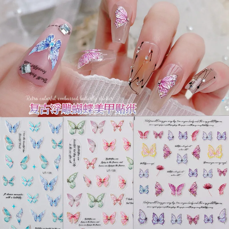 

1 Sheet 5D Realistic Pink Butterfly Flower Nail Stickers 3D Retro Adhesive Nail Art Stickers Decals Manicure Charms Accessories