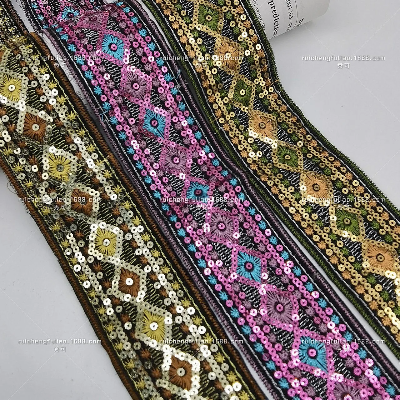 

2023 New 10 yards/roll ethnic style embroidery lace velvet sole sequin ribbon lace handmade diy clothing accessories