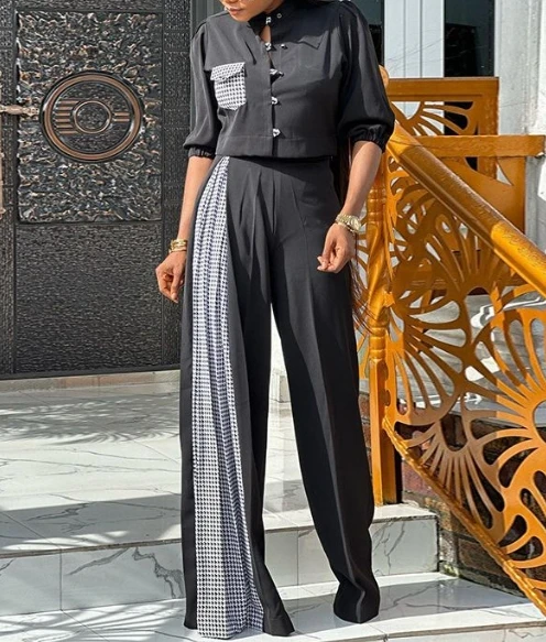 

Two Piece Sets for Women Spring 2023 Stand Collar Five-Quarter Sleeve Shirt Printed Stitching High-Waisted Wide-Leg Pants Suit