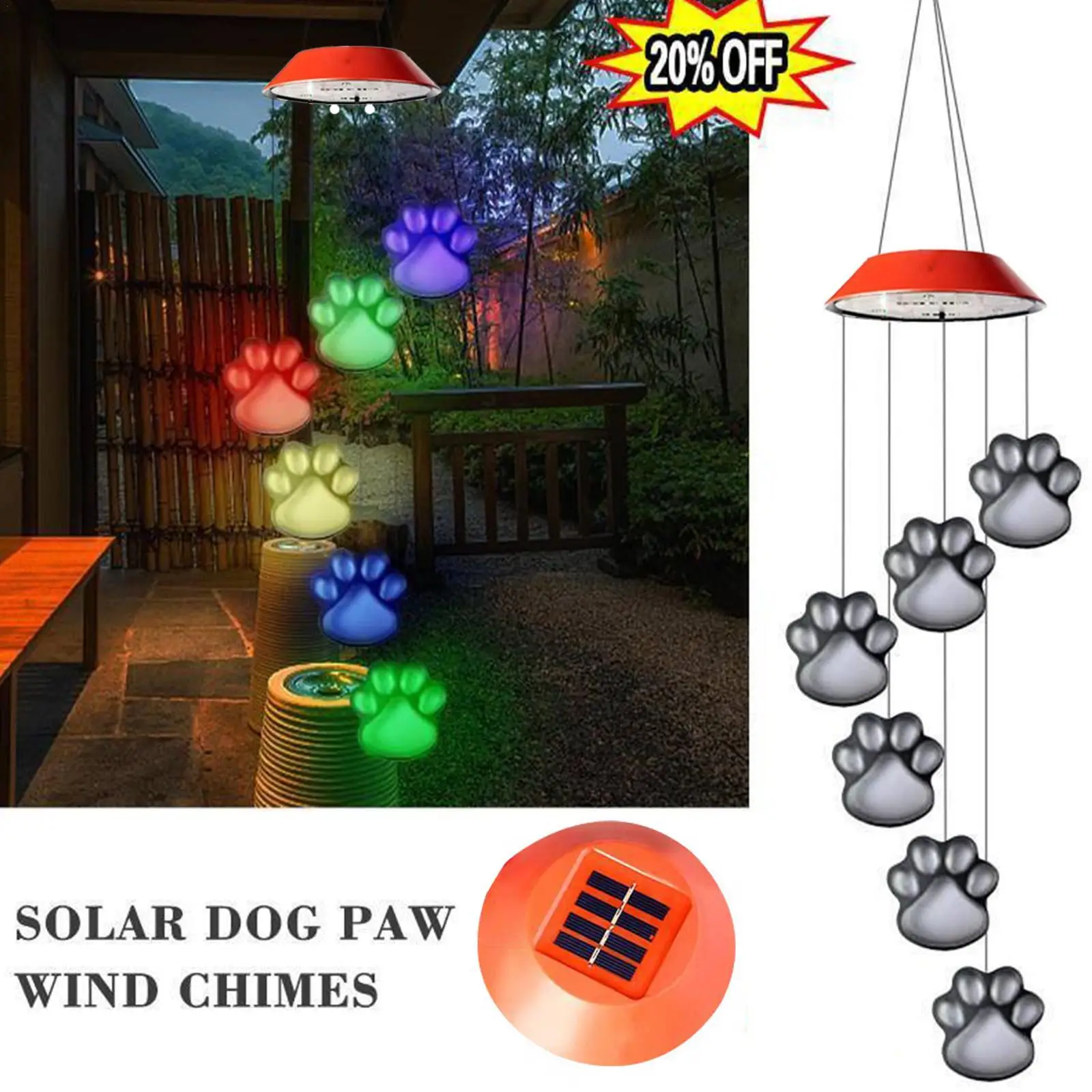 

Solar LED Wind Chimes Lights Dogs Cat Six Outdoor Pet Pawprint Remembrance Waterproof Color Changing Balcony Yard Patio Decor