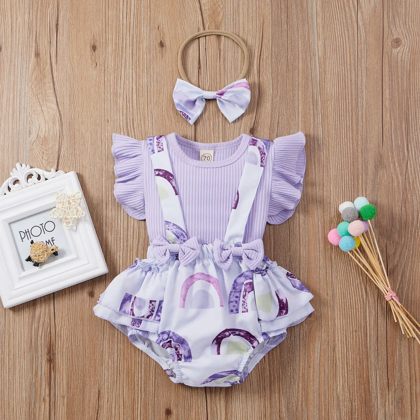 

Infant Baby Girls Clothes Set Ribbed Ruffle Short Sleeve T Shirt Rainbow Floral Print Shorts Suspender Overalls Summer Fashion