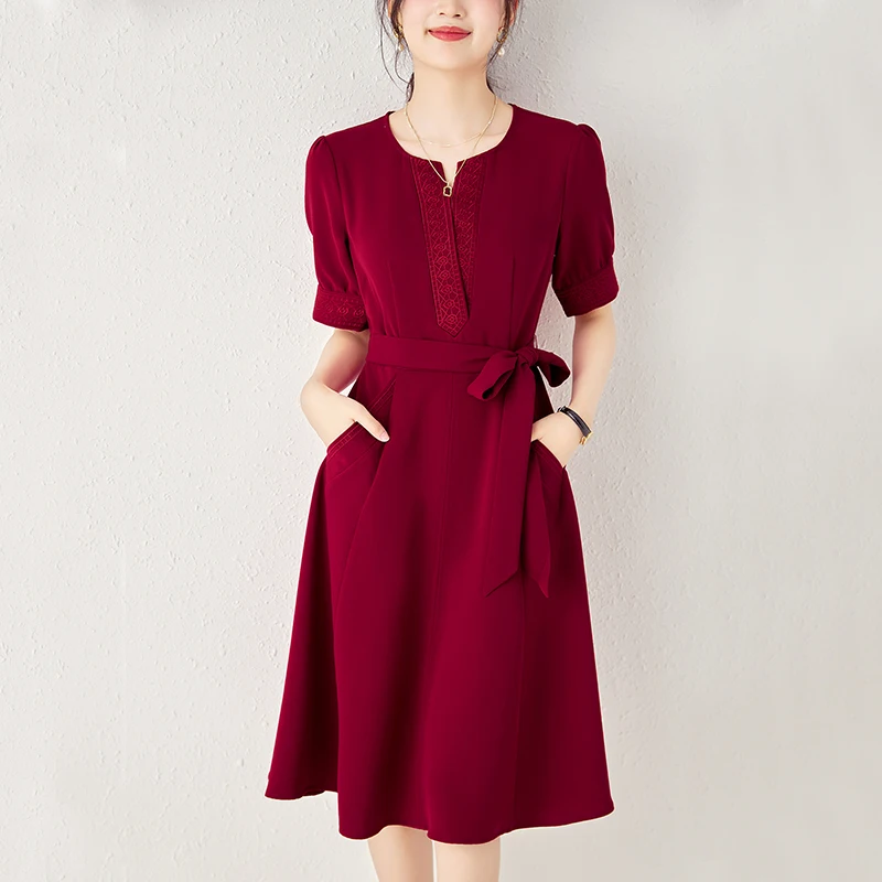 Elegant Fashion Dresses For Women 2023 Summer V-neck Short Sleeve Embroidery 98% Acetate A-line Vintage Woman Long Midi Dress