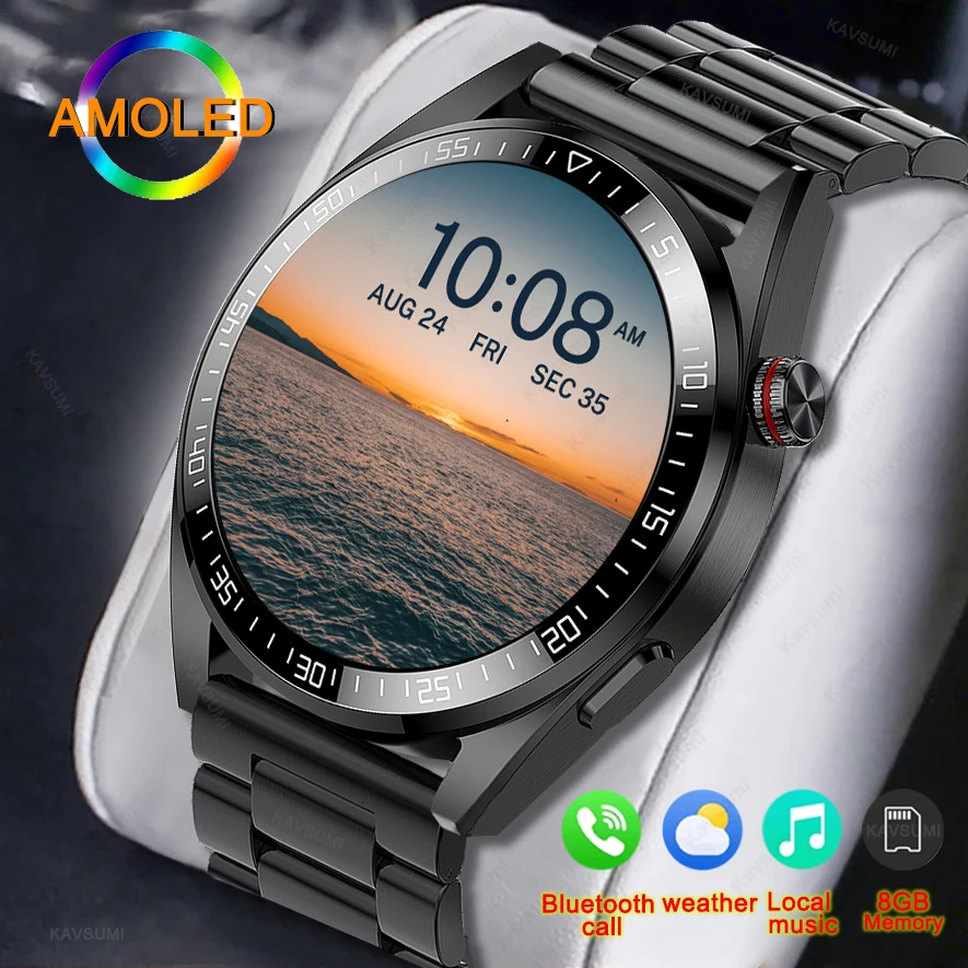 

New Smart Watch Mens 8G Memory Local Music Player 454*454 AMOLED Screen Bluetooth Call Sports Man Smartwatch for Samsung Huawei