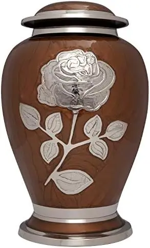 

Rose Cremation Urn - Funeral Urn with Large Flower on Red Enamel - Burial Urn for Human Ashes Adult Size - 100% Brass