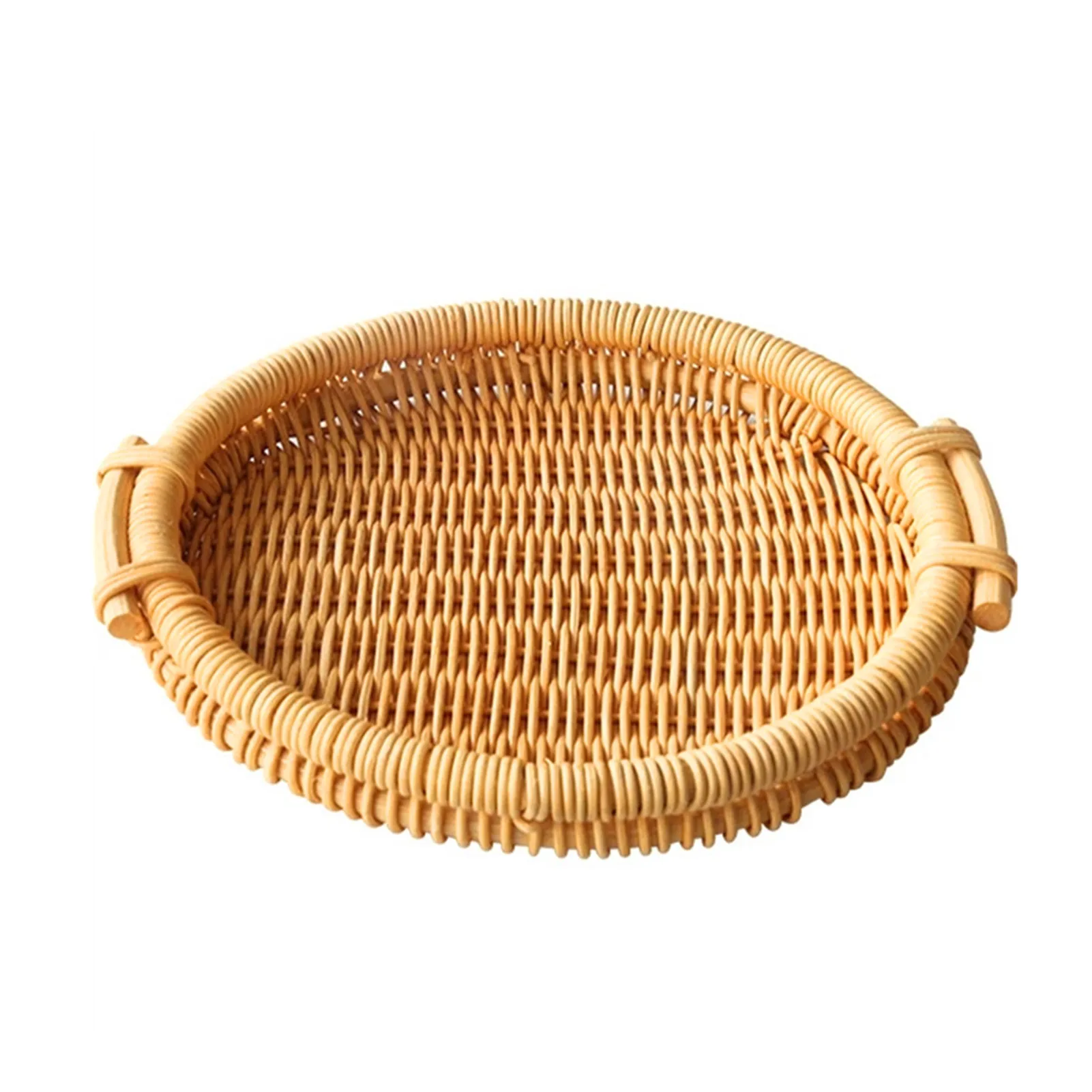 

Hand-woven Rattan Round Basket Tray With Handle Bread Fruit Food Storage Platters Plate For Breakfast Drink Snack Coffee Tea