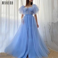 jeheth sky blue square neck sash puffy sleeve tulle prom dresses 2022 pleats a line split backless evening gowns robes de soir%c3%a9e