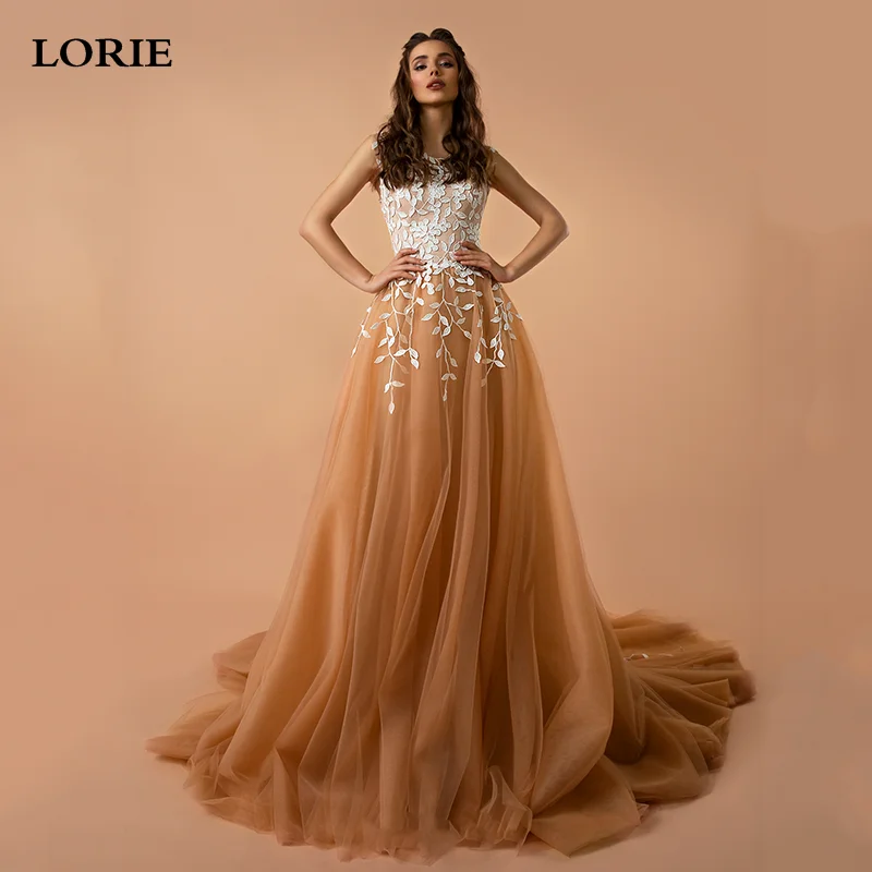 

LORIE Champagne Wedding Dress A Line Sleeveless Lace Appliques Bride Dresses Vestido De Novia Floor Length Wedding Gowns 2022