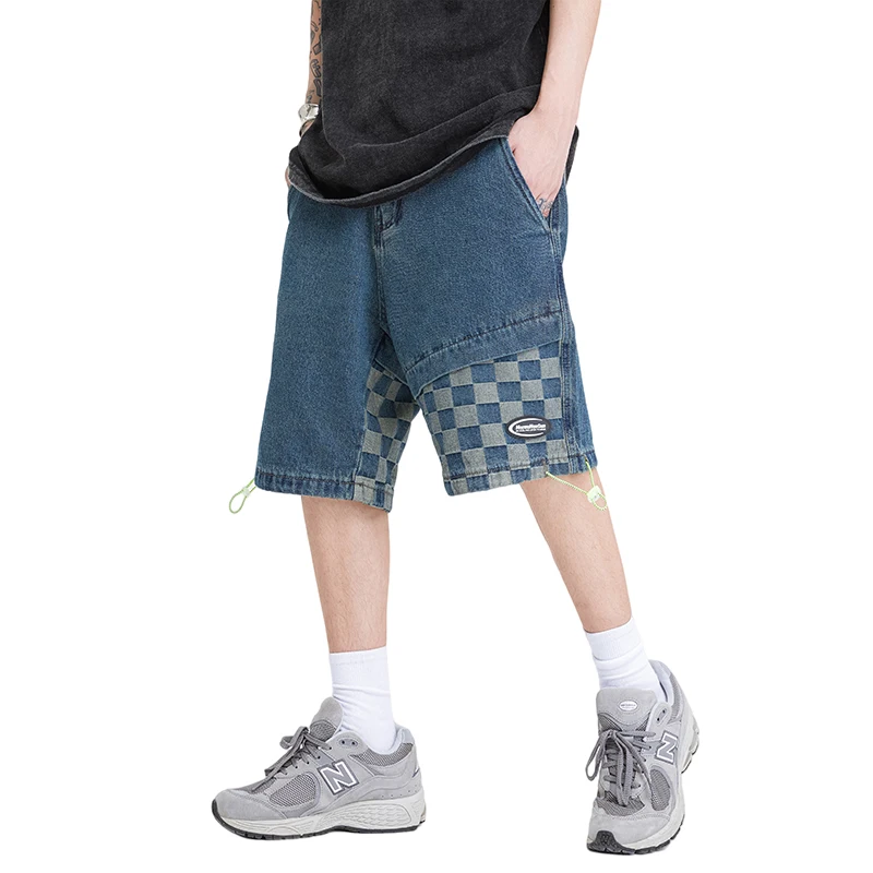 

2022 Summer New Korean Style Men's Baggy Short Jeans Streetwear Check Panel Retro Straight Denim Shorts Male Brand Clothes
