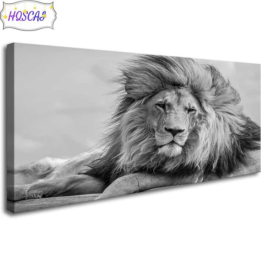 Black and white animal landscape, lion Diamond Painting Full Square Diamond Embroidery Pictures Of Rhinestones Mosaic Home Decor
