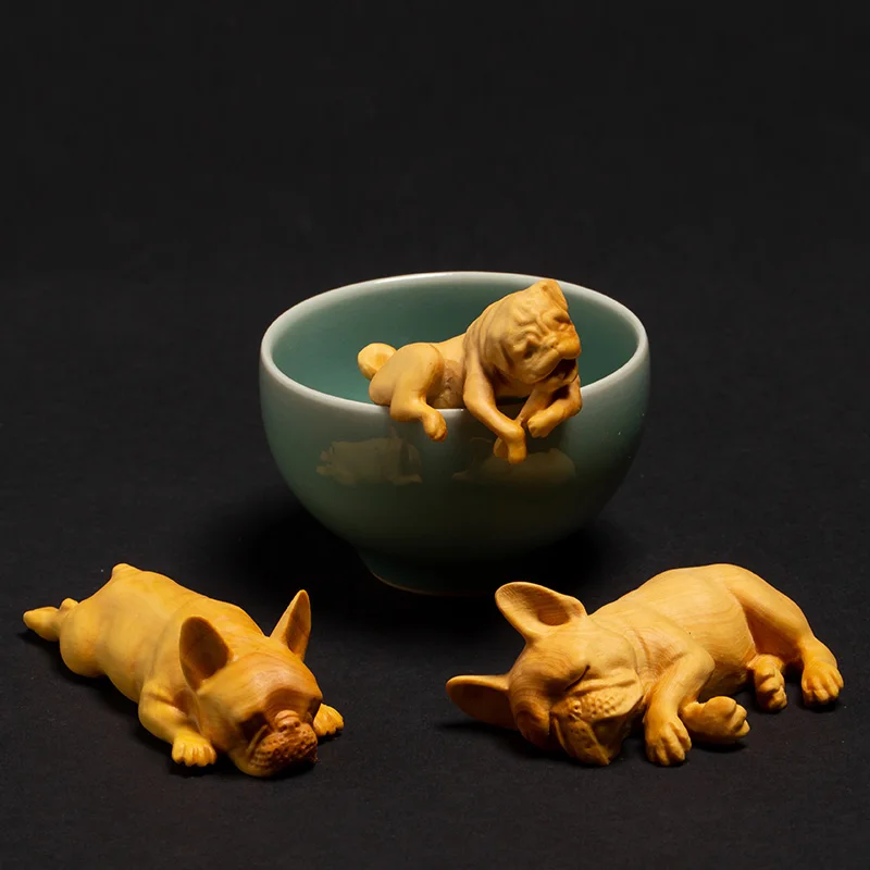 

Creative Bulldog Mascot Animal Statue Carving Crafts Wood Carving Cute Dog Solid Wood Decoration Car Ornament
