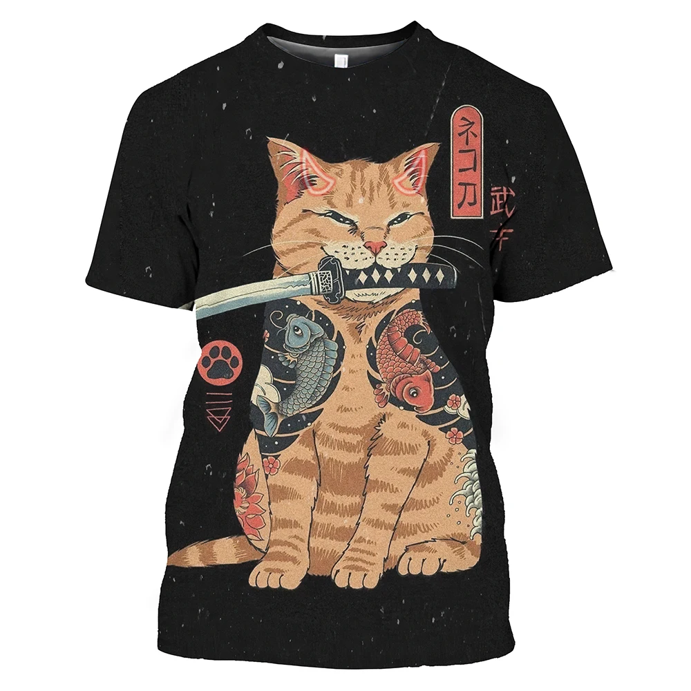 

Japan Samurai Cat Graphic T Shirts Cool Classic Art Style Men's and Women's Printing Tees Fashion O-neck Short Sleeve Loose Tops