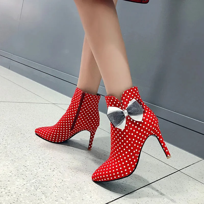 

Women Fashion Light Weight Pointed Toe Stiletto Heel Boots Lady Classic Bow Tie Dot Comfort Autumn Boots Botas Femininas C701