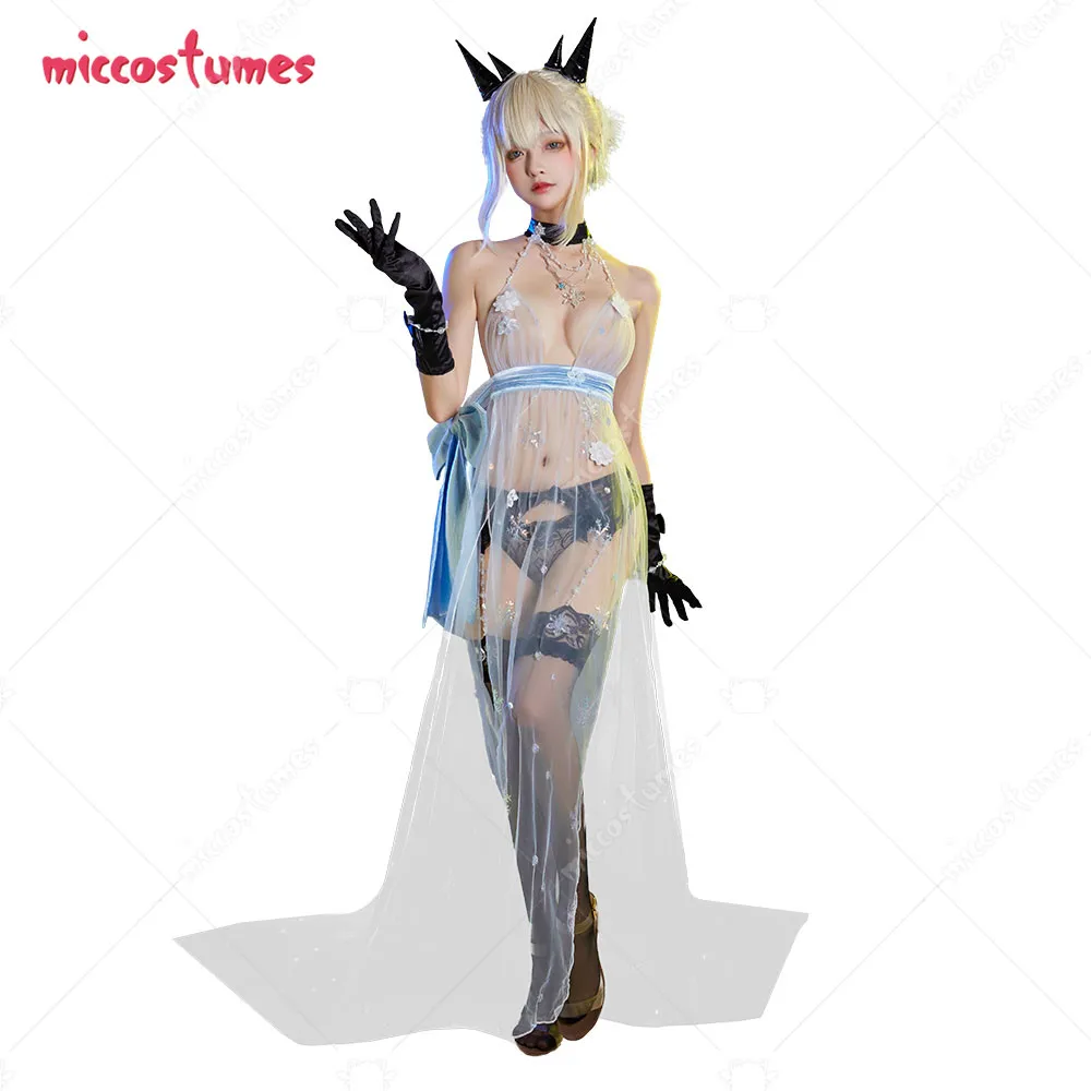 Women  Artoria Pendragon Sexy Lingerie Set Cosplay Costume Translucent Tulle Dress and Panty with Stockings and Gloves