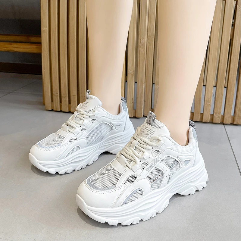 

2023 New Sports Shoes Autumn Women's Leather Mesh Breathable Platform Daddy Shoes Stitching Round Toe Lace-up Vulcanized Shoes
