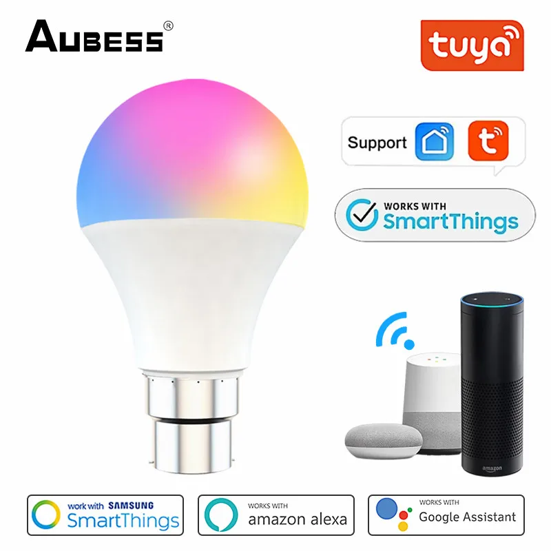 

Aubess Tuya Wifi Smart Led Light Bulb E27 B22 Tuya Smart Wifi Lamp 100-240V Smart Life APP RGBCW Light For Alexa Google Home