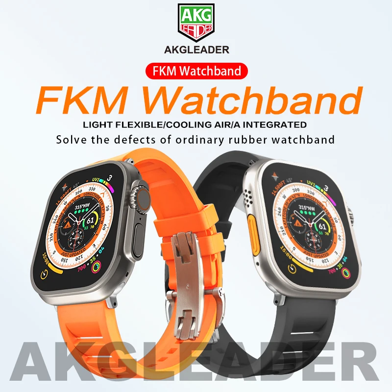 AKGLEADER high quality strap or Apple Watch 8 Ultra 49mm 45mm Fluororubber Band for iWatch Series 7 SE 6 5 4 45/44mm Band