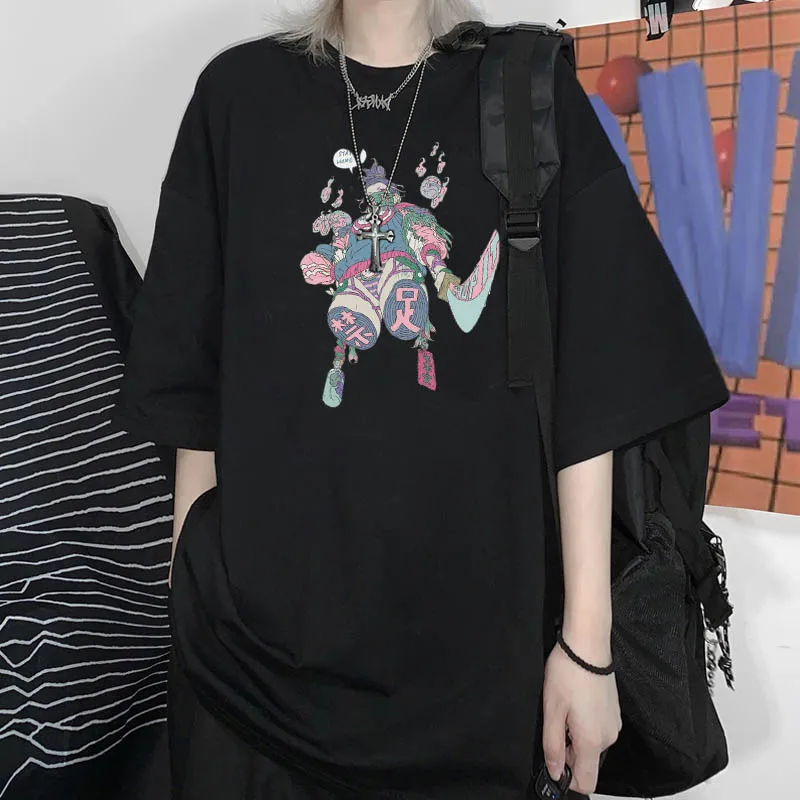 

Summer New Girl Retro Mechanical Punk Print Short High Street Ghost Sleeve Streetwear Oversize Top Women Cartoon Harajuku War