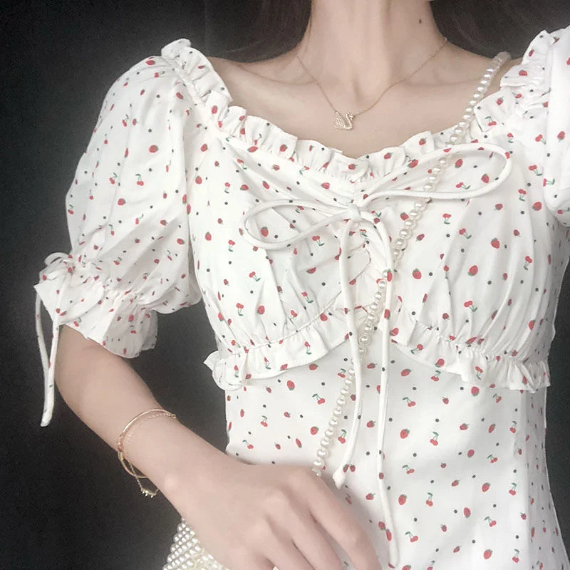 

Flowers Printed A-line Dress 2022 Short Sleeve Sexy Dresses School Kawaii Clothes Female Women Clothing Harajuku Korean Fashion