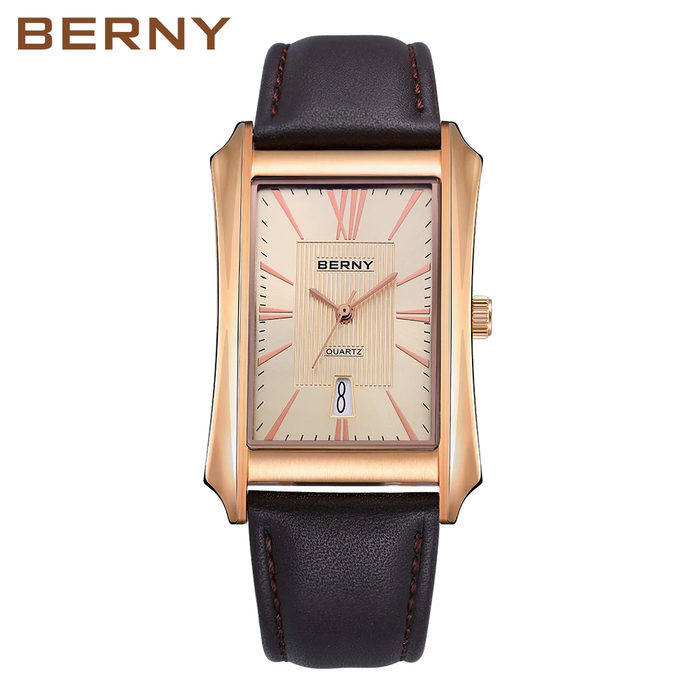 BERNY Watch for Men Rectangle Japan Quartz Wristwatch Waterproof Business Rectangular Dress Male Clock Top Genuine Leather Strap