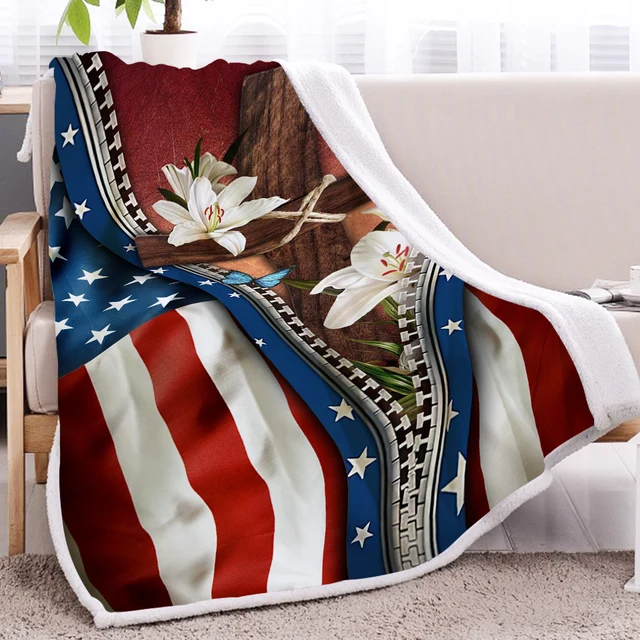 BlessLiving Lilies American Flag Print Sherpa Fleece Blanket Butterfly Flower Banner Blanket For Sofa Balcony Decor Dropshipping 3