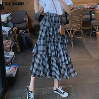 retro plaid skirt female summer new preppy style high waist female student korean a line asymmetrical cupcake ruffle skirt women