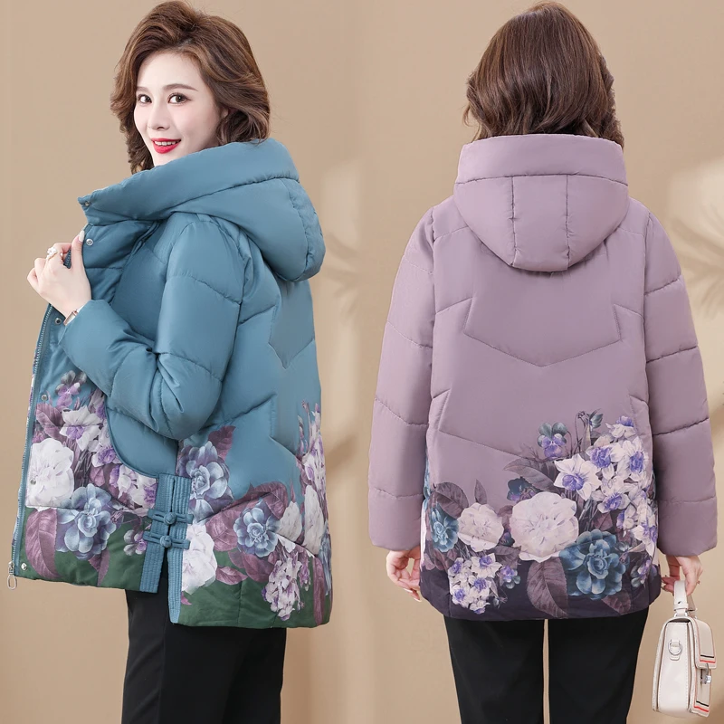 2022 New Warm Thicken Print Loose Down Jacket Women Winter Jacket Hooded Cotton Coat Korean Female Parkas Basic Coat