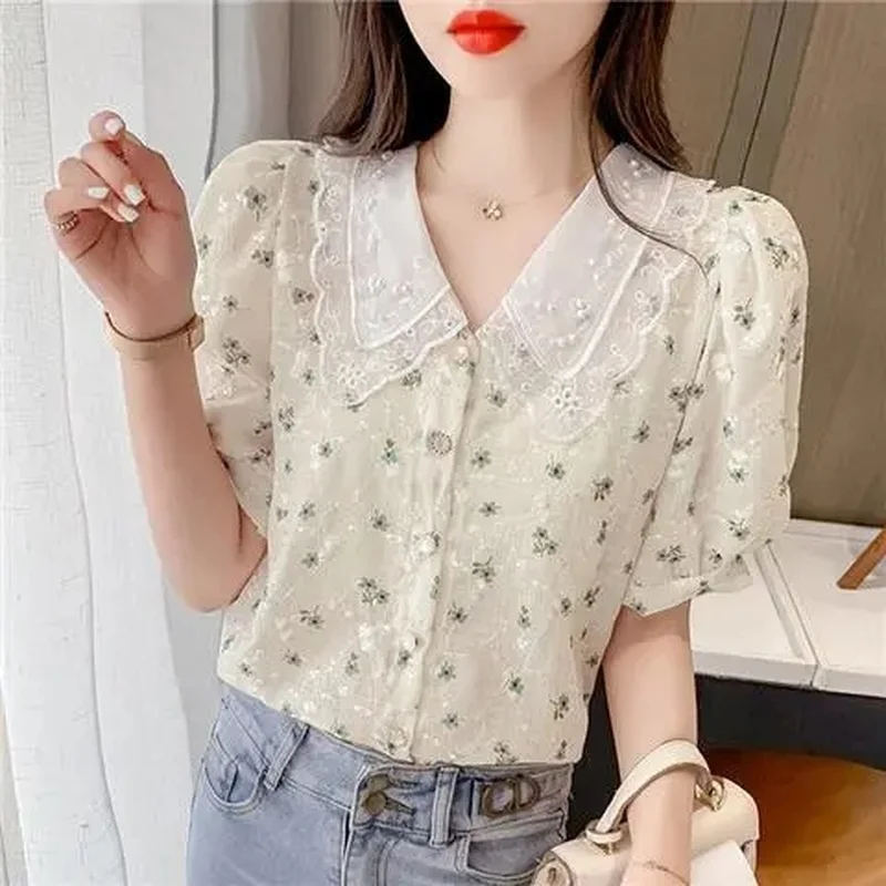 

Flower Ruffles Collar Lace Patchwork Blouse Women Puff Sleeve Summer Tops Cute Fashion Woman Korean Office Blouses Blusas mujer