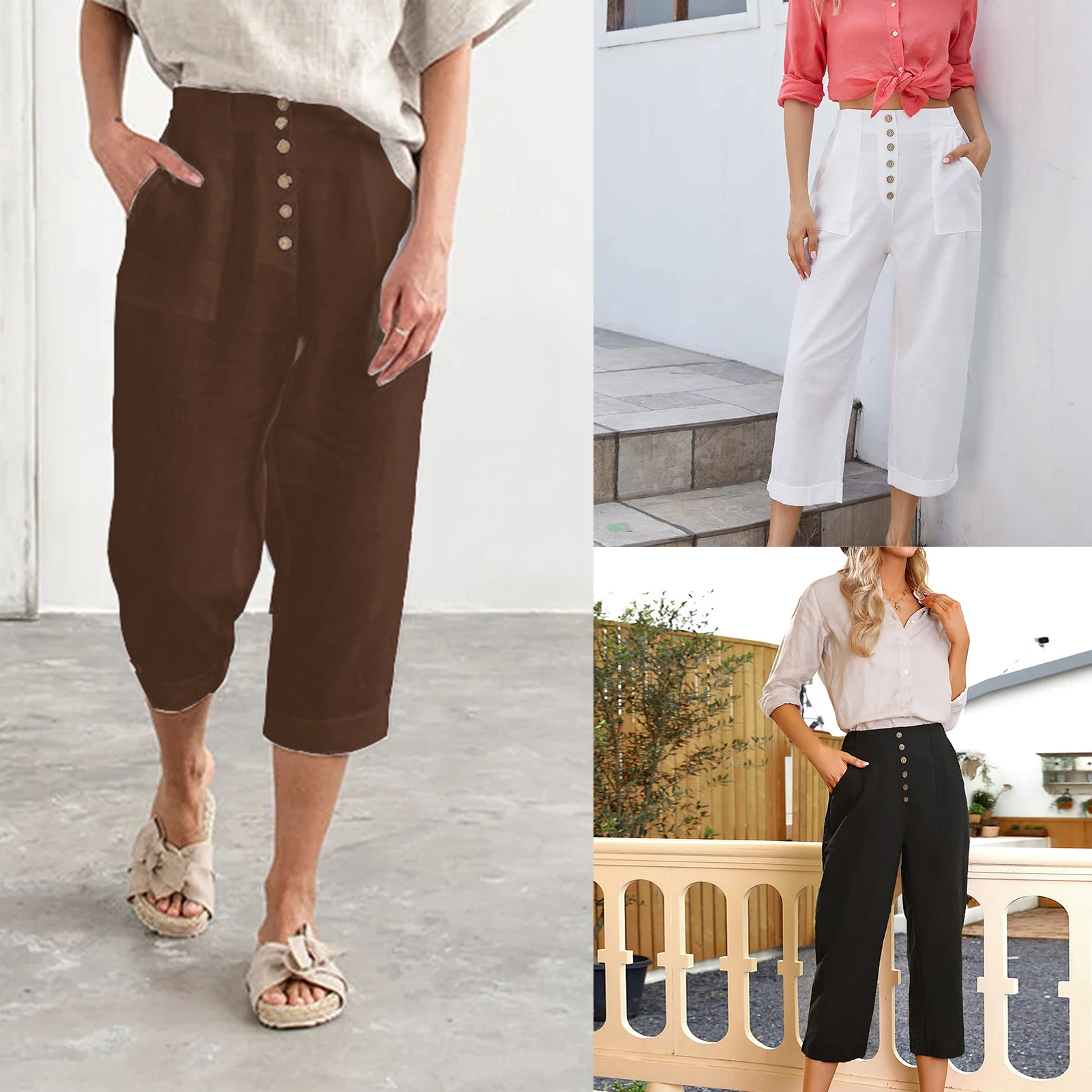 Casual Pants Wide Leg Women Cropped Trousers Cotton Solid Color Pants with Pockets Button Down Vintage Style Daily Outfit 2023