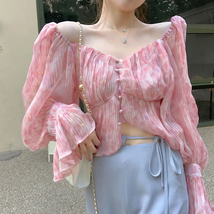 

Women Elegant V Neck Chiffon Shirts Blouses Flared Long Sleeve Short Pleated Summer