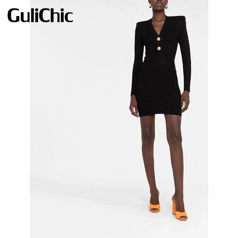 2.15 GuliChic Women Elegant Solid Color Golden Button Decoration Stretch Slim Knitted Dress