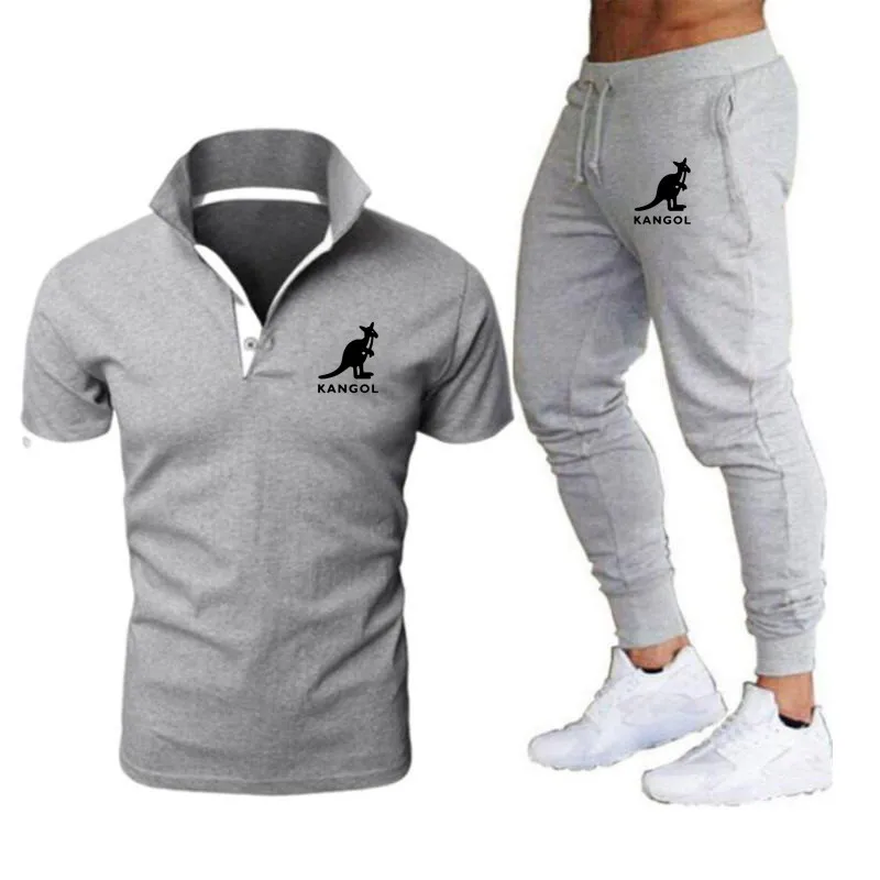 

Мужской Хлопковый спортивный костюм, рубашка-поло с коротким рукавом и принтом кенгуру и брюки, Повседневная Уличная одежда, костюм из 2 пре...