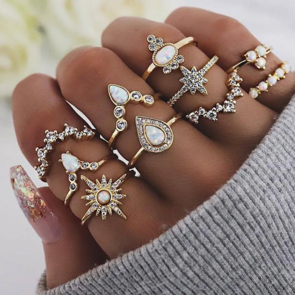 

Ten Different Shapes of Alloy Ring Sets Inlaid With Zircon Crown Jewelry European and American Women's Fashion Party Accessories
