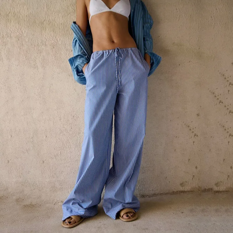 

Fashion Blue Striped Pants for Women 2023 Summer Casual Wide Leg Trousers Female Vintage Drawstring Low Waist Pockets Full Pants