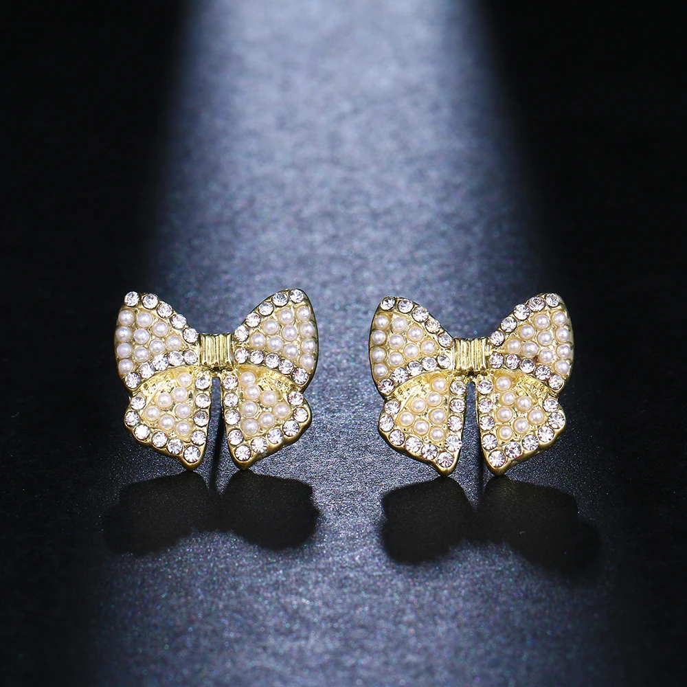 

Korean Elegant Bowknot Stud Earrings Fashion Simulation Pearl Cubic Zircon Rhinestone Earrings for Women Wedding Jewelry Gifts