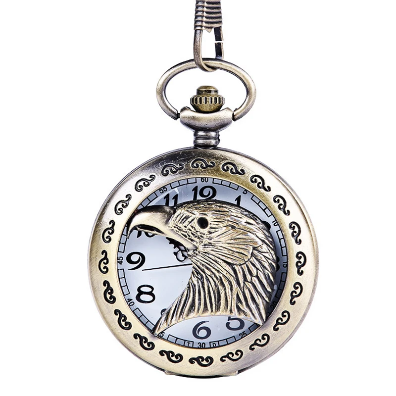

Vintage Bronze Hollow Carving Quartz Pocket Watch for Men Women Eagle Bird Engraved Case Fob Chain Bronze Clock Collection Gift