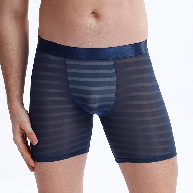 

Ice Silk Long Men Boxers Mid Waist Striped Mens Underwear Boxer Shorts Long Leg Trunks Underpants Sexy Ultra-thin Panties Cuecas