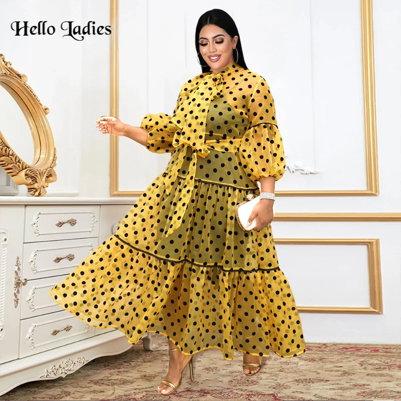 

HL Plus Size A Dresses For Ladies High Neck Lantern Sleeve See Through Dot Ball Gowns Outfits Spring Women Evening Party Dress