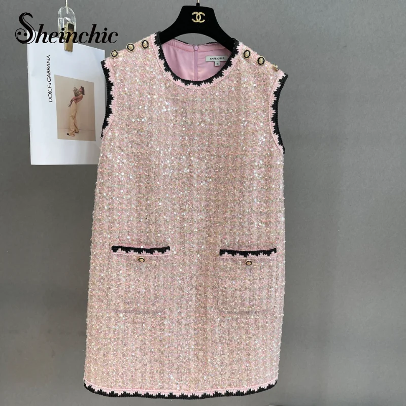 

Luxury Pink Sequined Beading Dress for Women 2023 Elegant O-neck Sleeveless A-line Mini Woolen Dresses Korean Summer Clothes