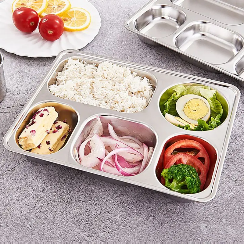 

3/4/5 Sections High Quality Stainless Steel Divided Dinner Tray Lunch Container Food Plate for School Canteen