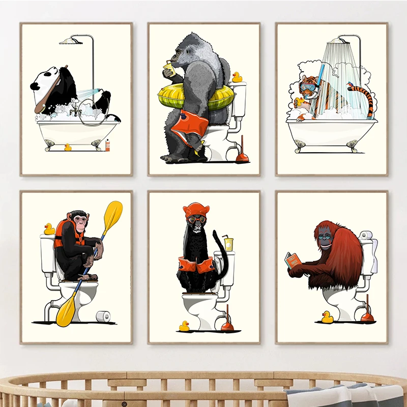 

Funny Toliet Panda Tiger Gorilla Monkey Poster Prints For Washing Room Home Decor Bathing Animal Canvas Painting Wall Art