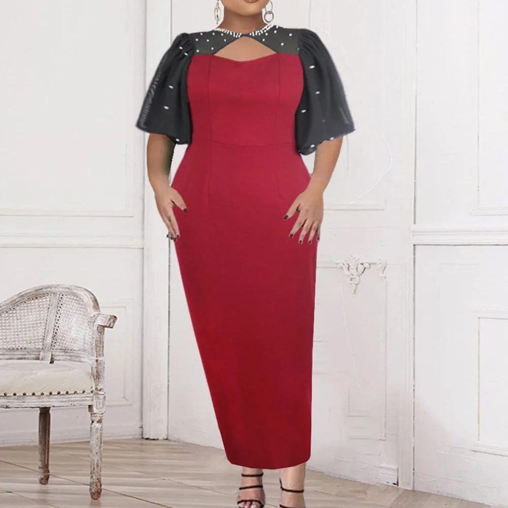 

Beading Patchwork Red Party Dress for Women 2022 Elegant Bodycon Maxi Summer Robe Femme Vintage Hollow Casual Women's Dresses