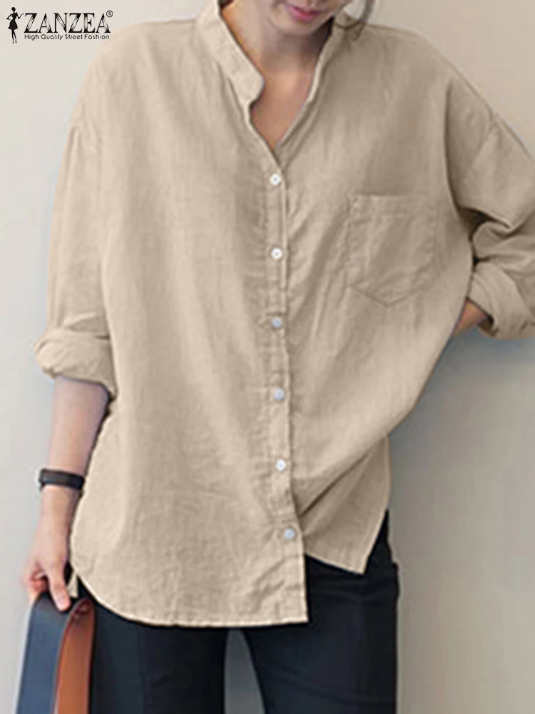 

Vintage Shirts Women's Spring Casual Solid Tops Long Sleeve Stand Collar Shirt Loose Vintage Female Cotton Blouse OL Blusas