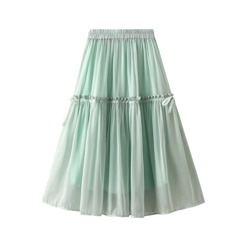 

2022 Summer Ruffles Women A-line Skirt High Waist Bow Tie-up Chiffon Long Pleated Skirts Elegant Solid Fairy Skirt