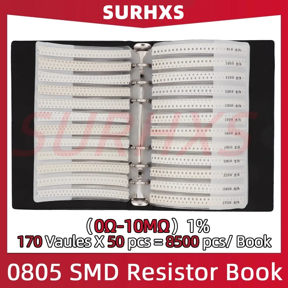 

0805 1% SMD Resistor Sample Book RC0805 FR-07 0R~10M Tolerance 170 Values 50pcs 8500 pcs Resistors Kit 8500 PCS/BOOK