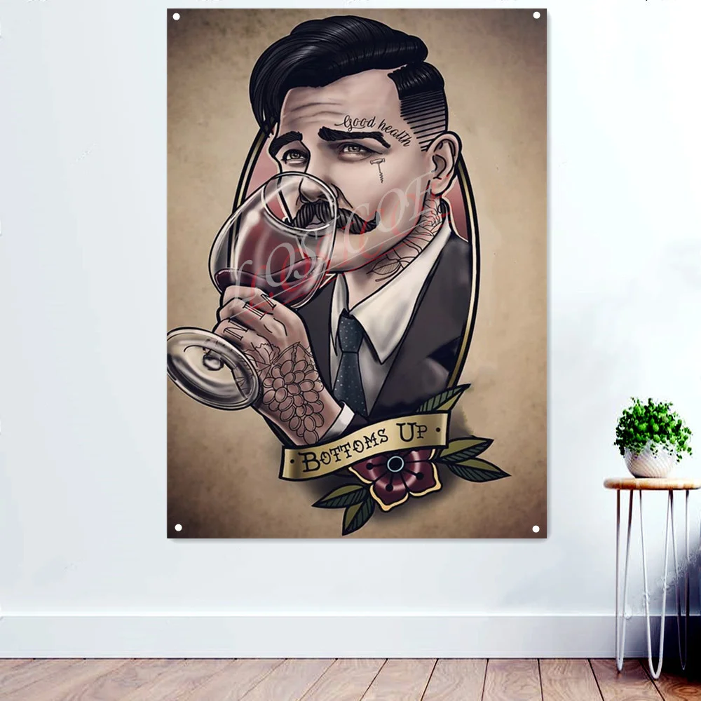 

Винный художественный гобелен с татуировкой, настенный флаг с четырьмя металлическими пряжками, полиэтиленовый баннер, украшение для пари...