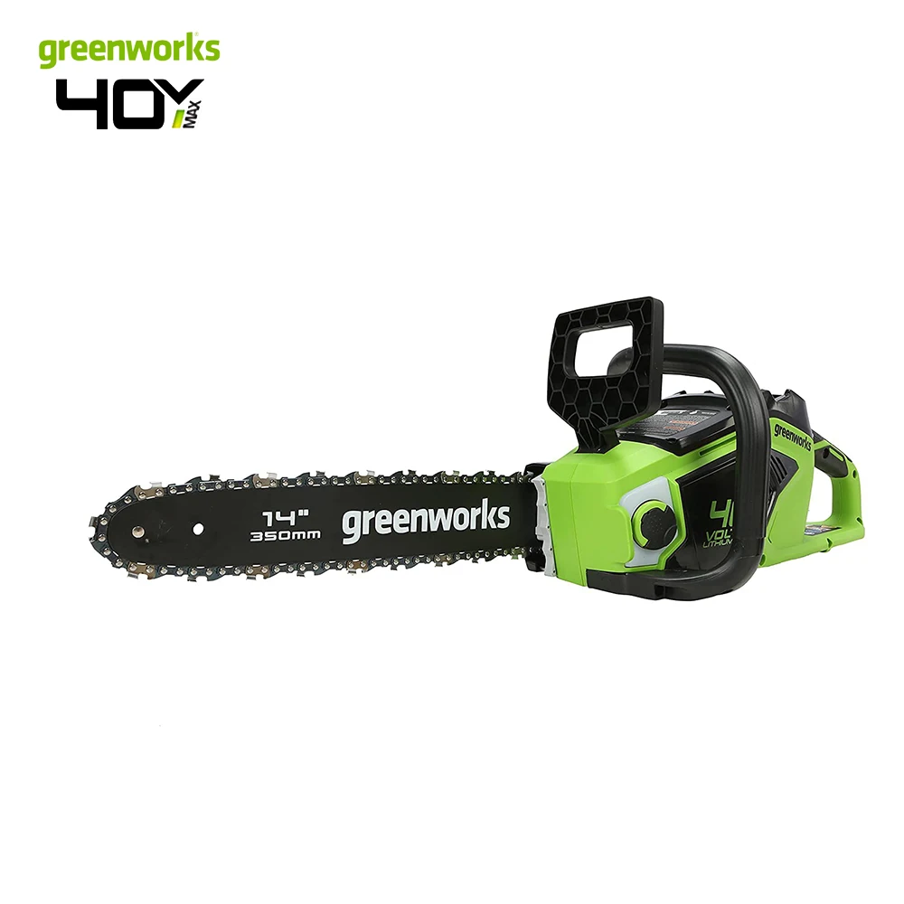 Фото Бензопила с аккумулятором Greenworks GD40CS15, бесщеточный двигатель, длина стержня 14 дюймов (35 см), скорость цепи 12 м/с, 3,5 кг, резервная защита №1