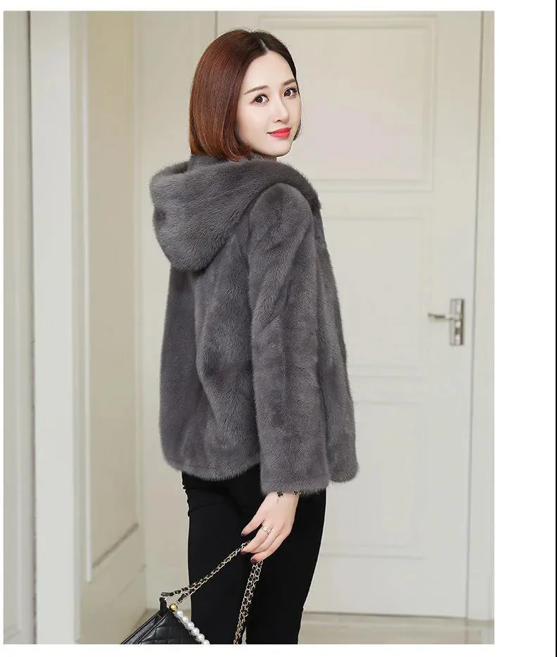 Women's Short Flannel Coat, Short Faux Rabbit Fur Jackets Skinny Girl Slim Winter Style, Girl Thickened Hooded Fur Coat Coat