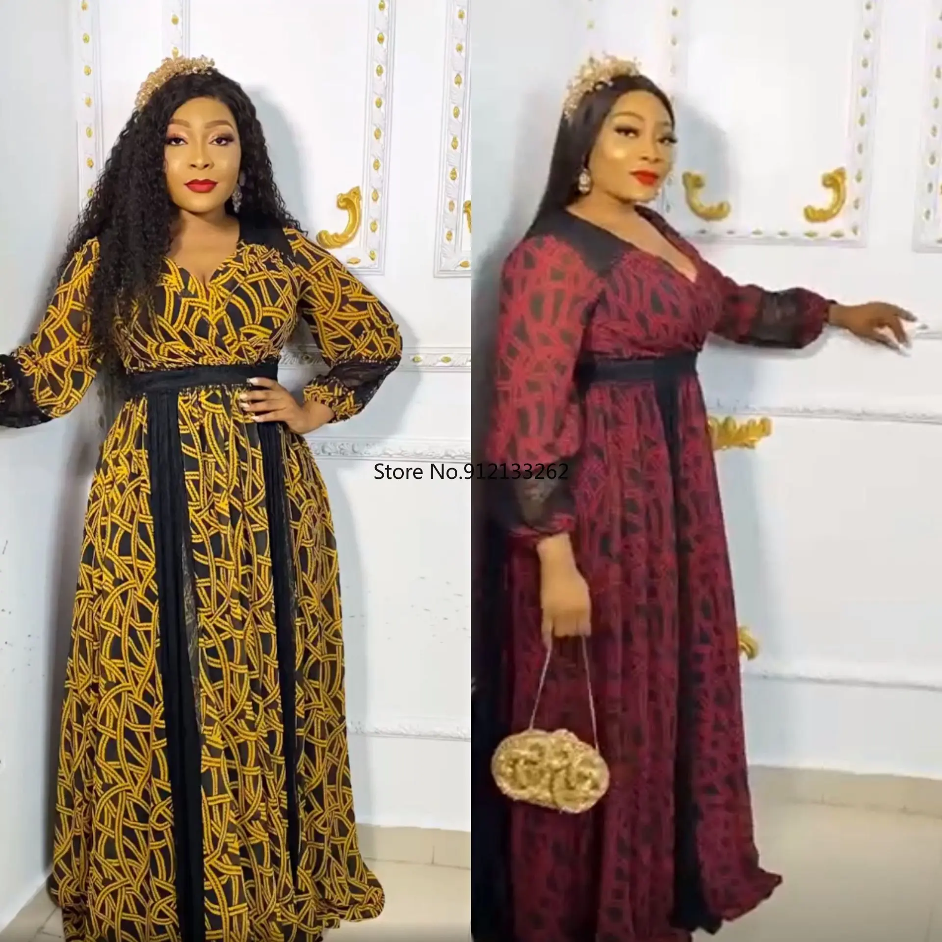 

Африканские платья из полиэстера для женщин, летнее Африканское платье с V-образным вырезом и длинным рукавом, желтое длинное платье, макси-платье, африканская одежда