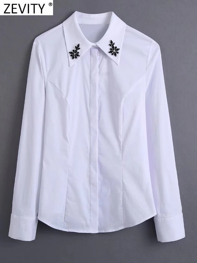 

Zevity Women Fashion Diamond Beading Slim White Poplin Blouse Office Ladies Single Breasted Shirt Chic Blusas Tops LS10122