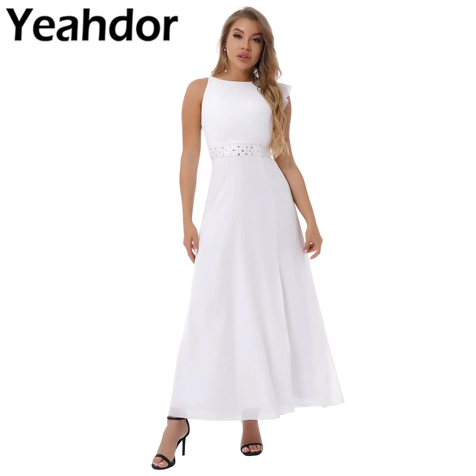 

Elegant Women's Maxi Dresses Sleeveless Built-in Bra Evening Wedding Party Dress Vestidos De Festa Chiffon Bridesmaid Dress